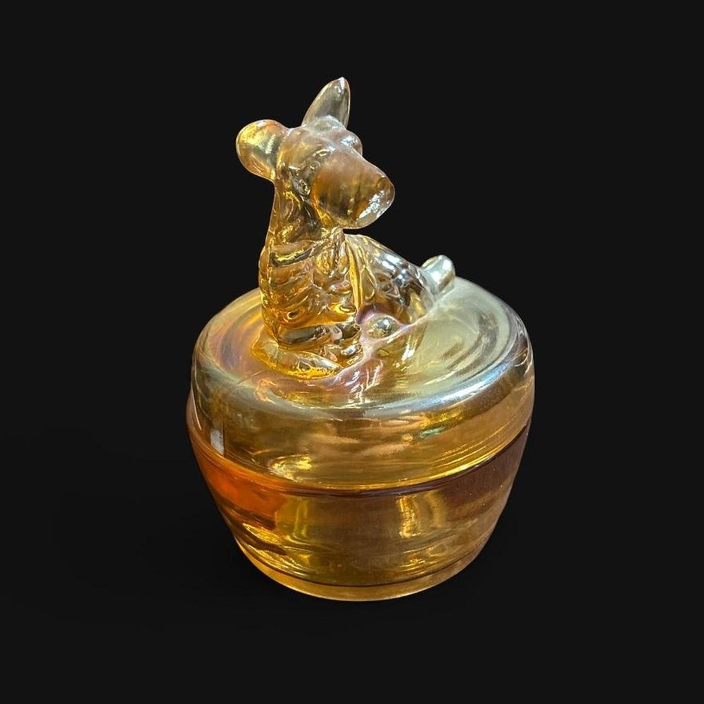 Vintage Jeannette Glass Scottie Dog marigold carnival glass powder trinket jar
